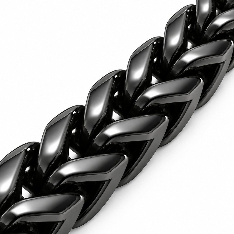 mens black Stainless Steel franco chain necklace, material and craftsmanship close-up