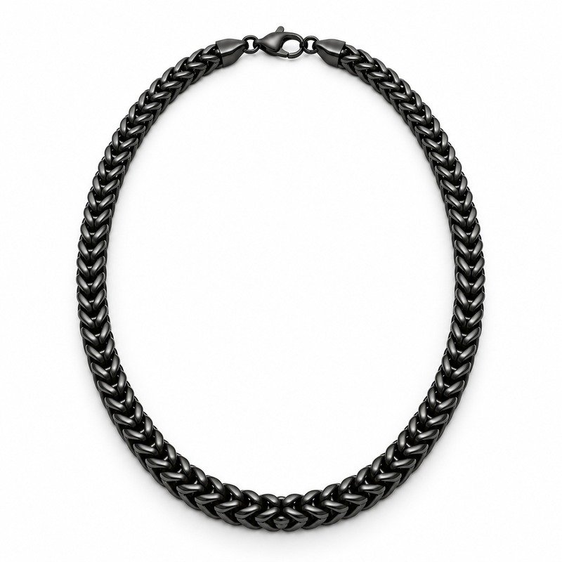 mens black Stainless Steel franco chain necklace, front view on white