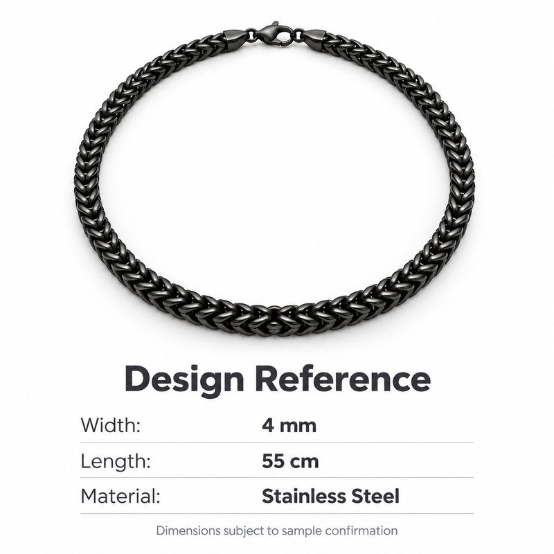 mens black Stainless Steel franco chain necklace, design reference dimensions and material specifications