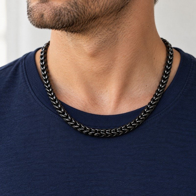 mens black Stainless Steel franco chain necklace, worn by an adult model