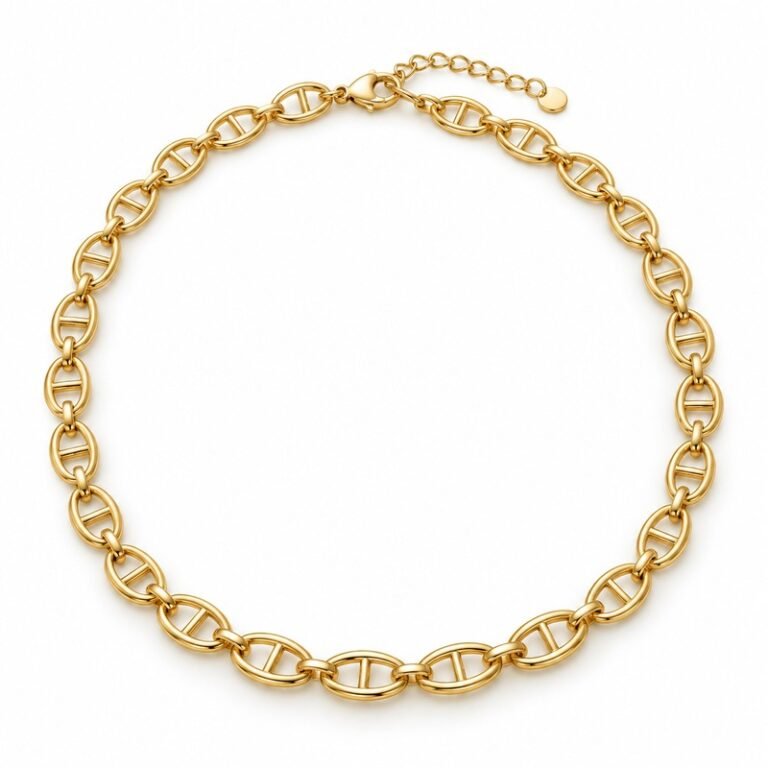 womens gold Stainless Steel mariner chain necklace, at a 45-degree angle on white