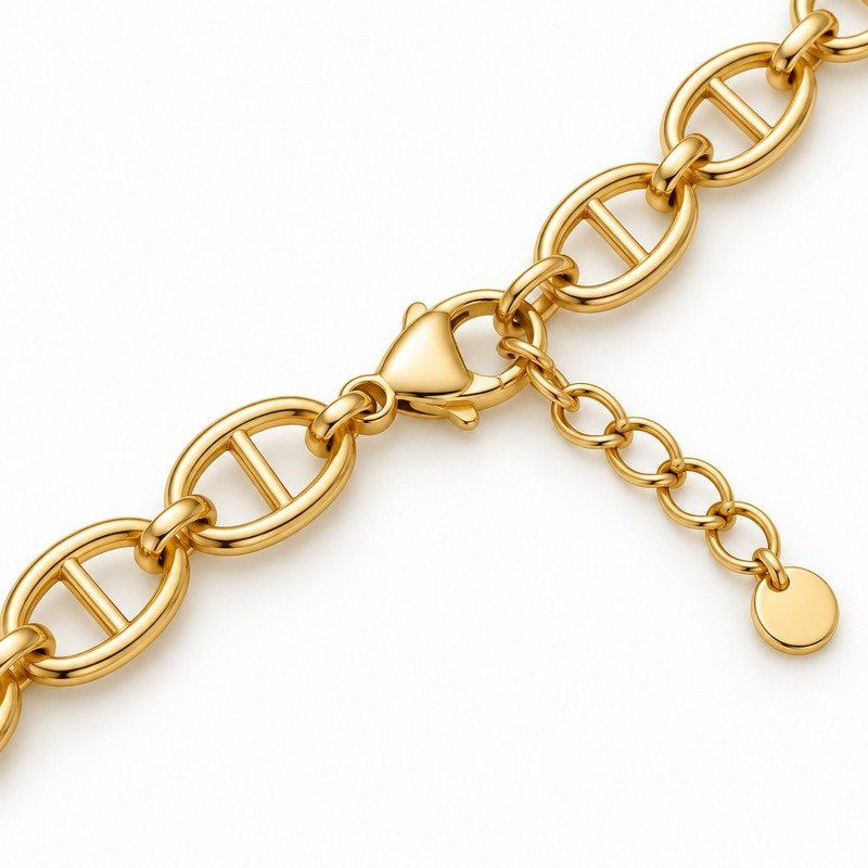 womens gold Stainless Steel mariner chain necklace, reverse links and clasp structure on white