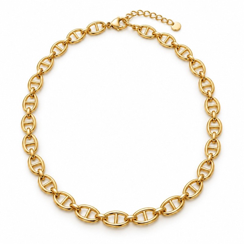 womens gold Stainless Steel mariner chain necklace, front view on white