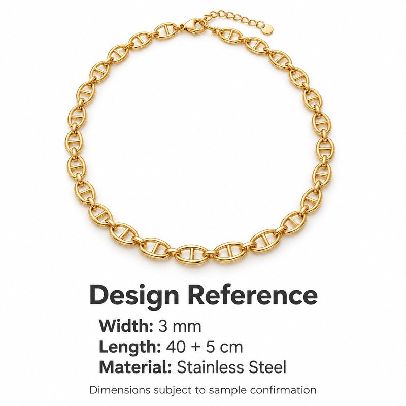 womens gold Stainless Steel mariner chain necklace, design reference dimensions and material specifications