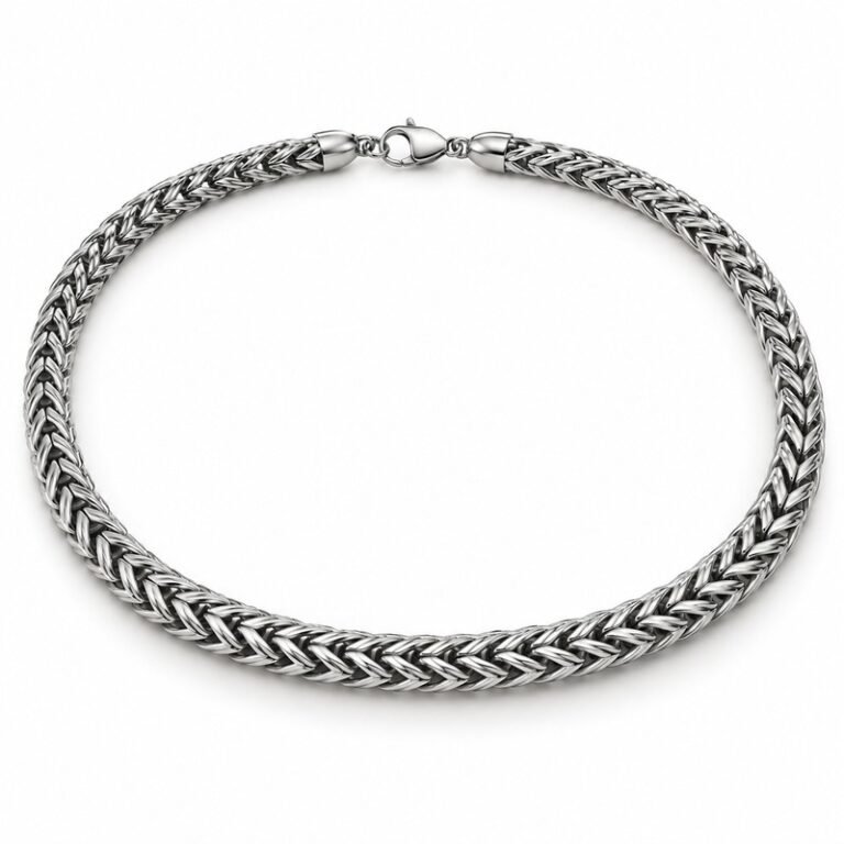 mens silver Stainless Steel foxtail chain necklace, at a 45-degree angle on white