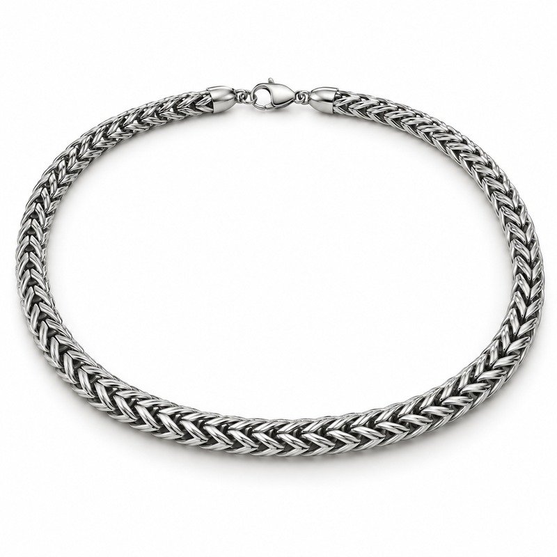 mens silver Stainless Steel foxtail chain necklace, at a 45-degree angle on white