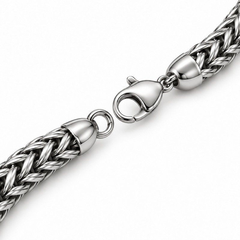 mens silver Stainless Steel foxtail chain necklace, reverse links and clasp structure on white