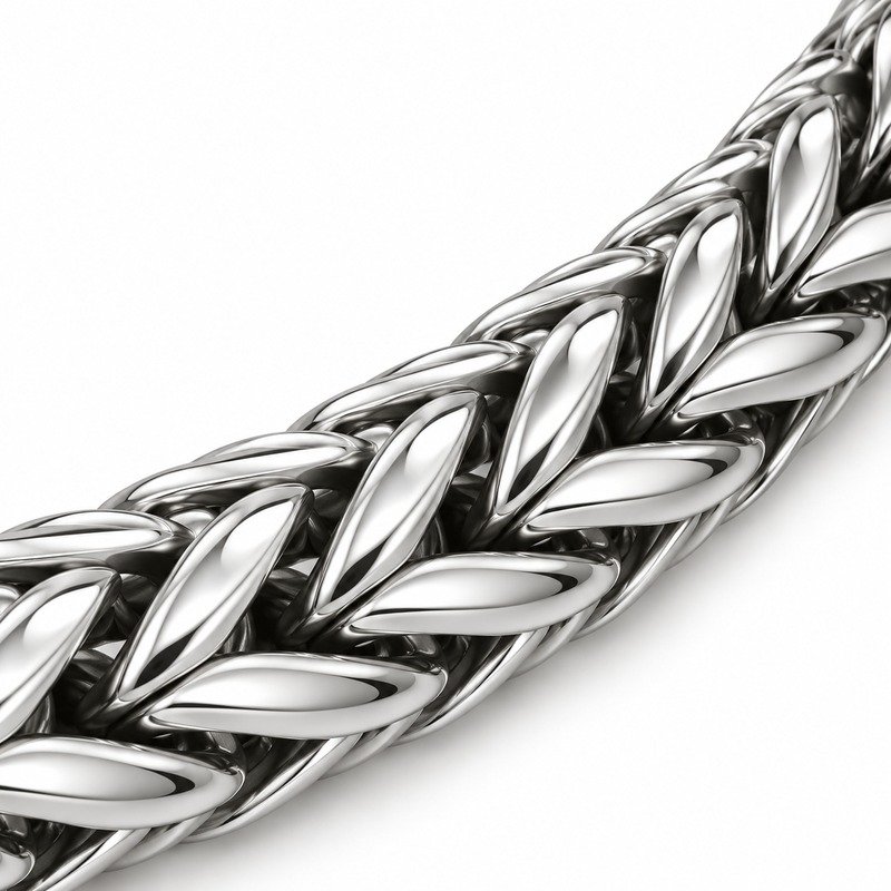 mens silver Stainless Steel foxtail chain necklace, material and craftsmanship close-up