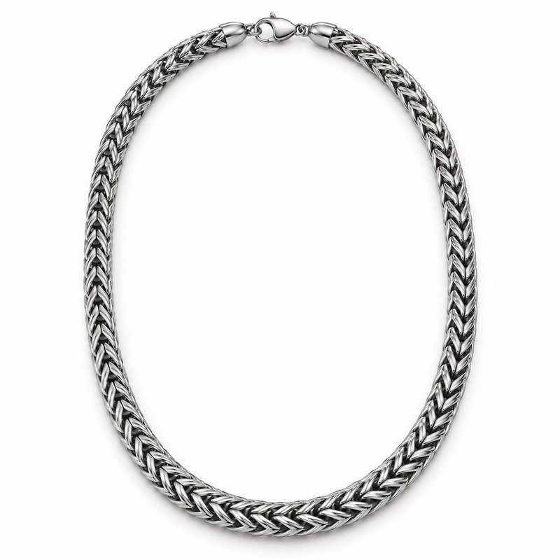 mens silver Stainless Steel foxtail chain necklace, front view on white