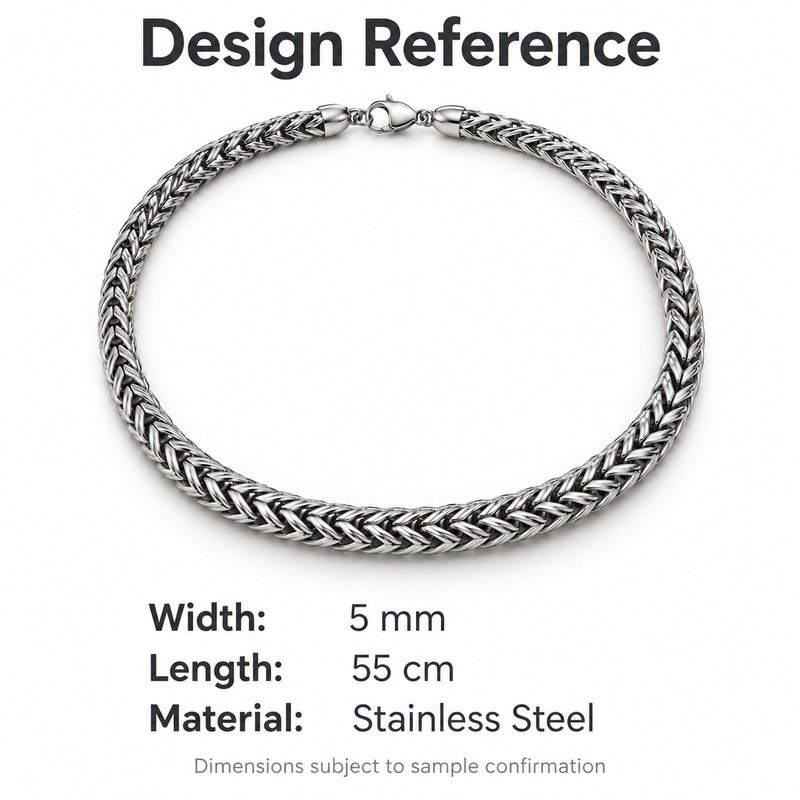 mens silver Stainless Steel foxtail chain necklace, design reference dimensions and material specifications