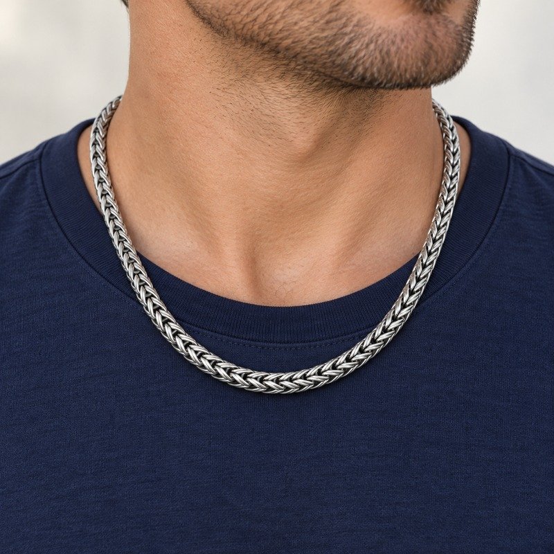 mens silver Stainless Steel foxtail chain necklace, worn by an adult model