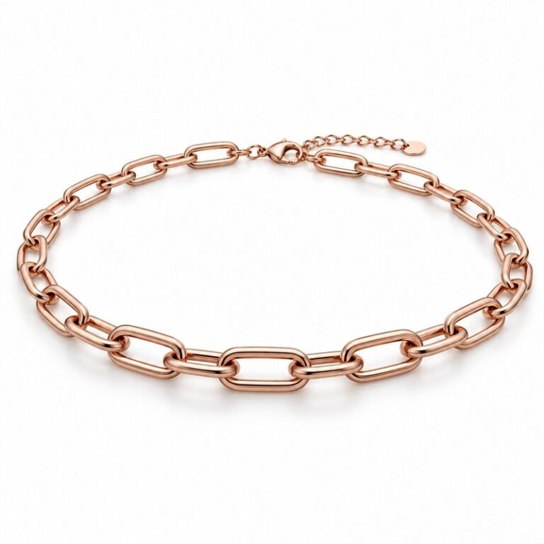 womens rose gold Stainless Steel paperclip chain necklace, at a 45-degree angle on white