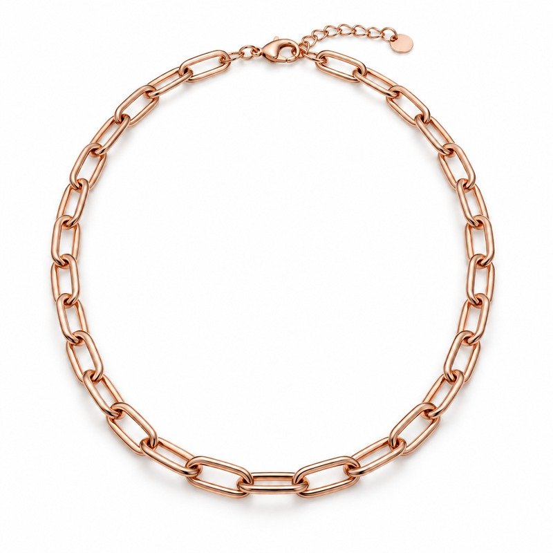womens rose gold Stainless Steel paperclip chain necklace, front view on white