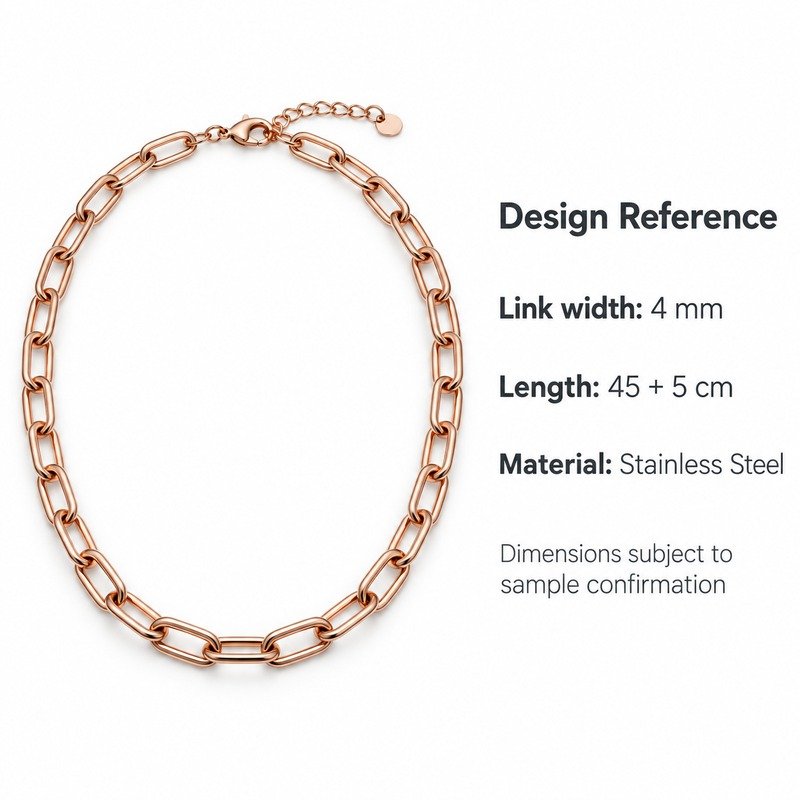 womens rose gold Stainless Steel paperclip chain necklace, design reference dimensions and material specifications