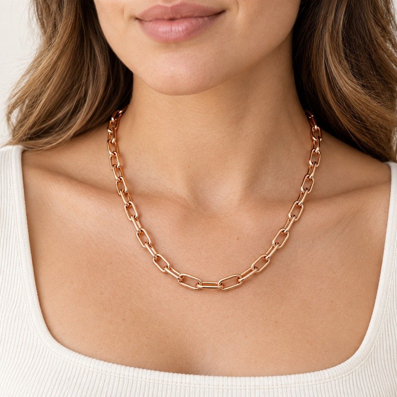 womens rose gold Stainless Steel paperclip chain necklace, worn by an adult model