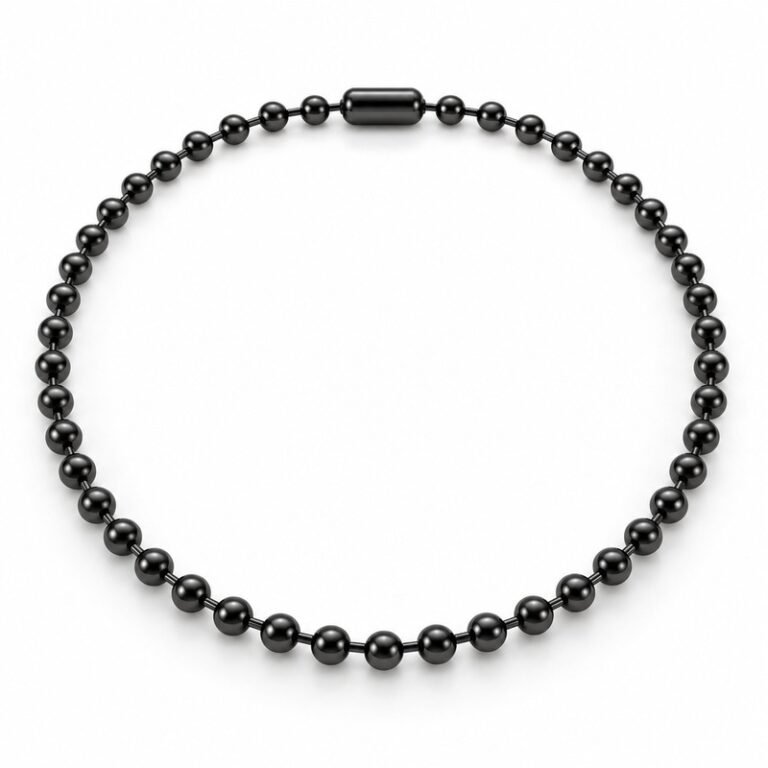 mens black Stainless Steel ball chain necklace, at a 45-degree angle on white