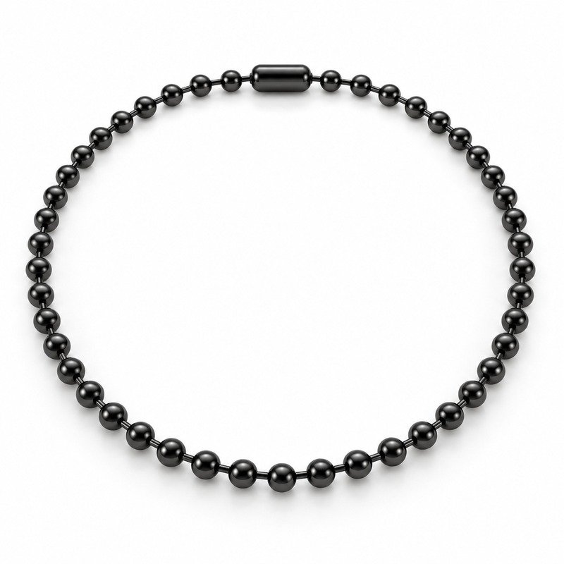 mens black Stainless Steel ball chain necklace, at a 45-degree angle on white