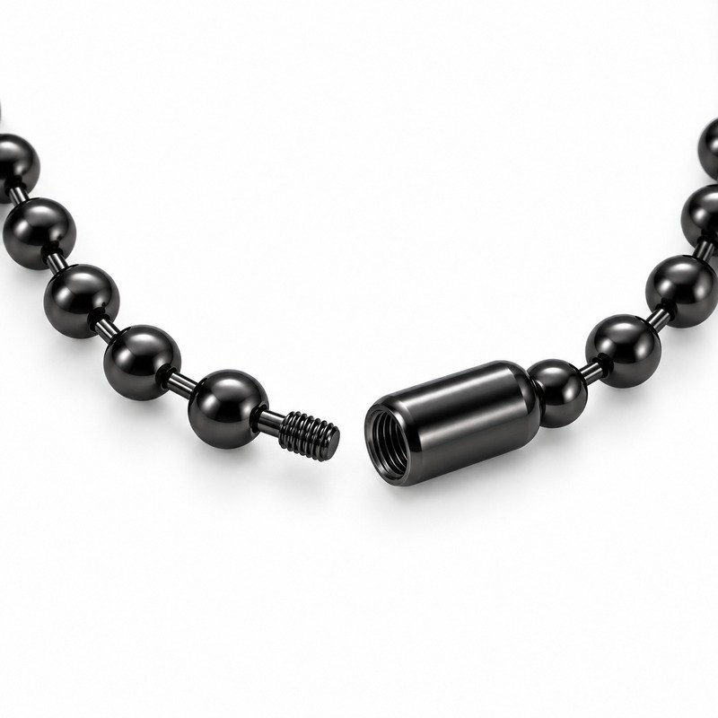 mens black Stainless Steel ball chain necklace, reverse links and clasp structure on white
