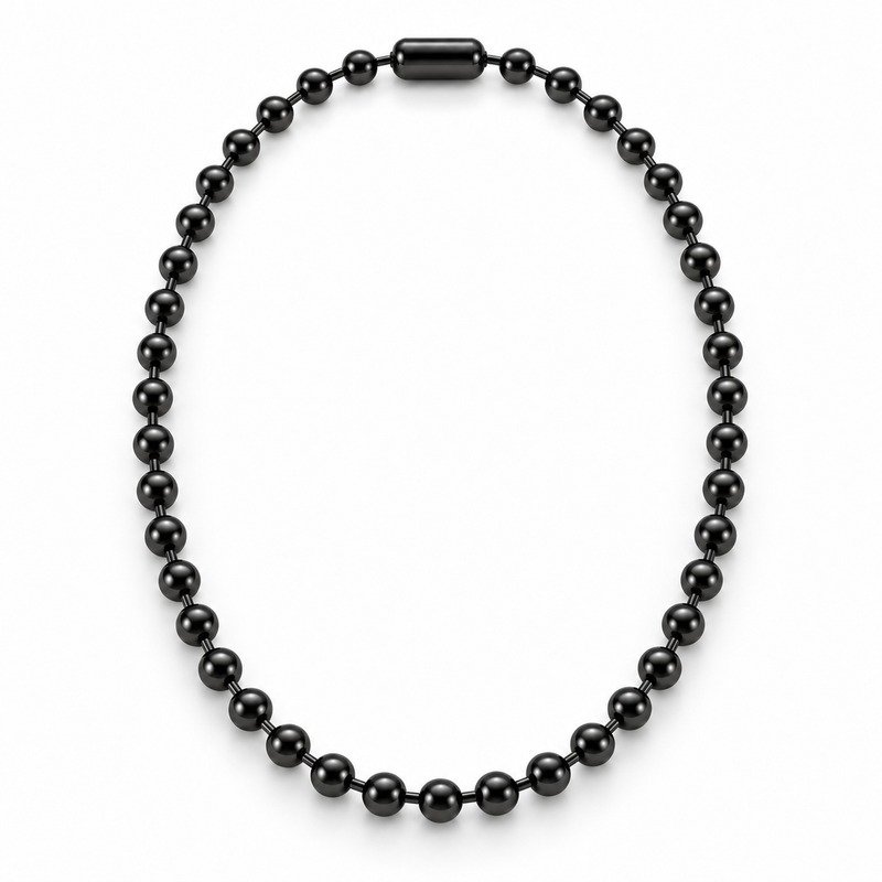 mens black Stainless Steel ball chain necklace, front view on white