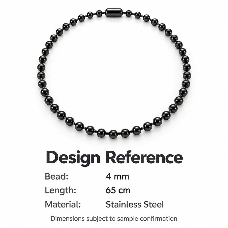 mens black Stainless Steel ball chain necklace, design reference dimensions and material specifications