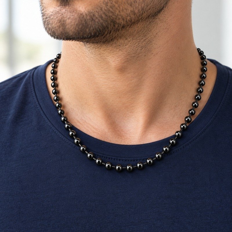 mens black Stainless Steel ball chain necklace, worn by an adult model