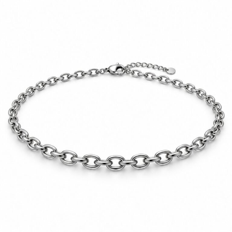 womens silver Stainless Steel cable chain necklace, at a 45-degree angle on white