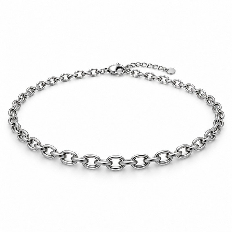 womens silver Stainless Steel cable chain necklace, at a 45-degree angle on white