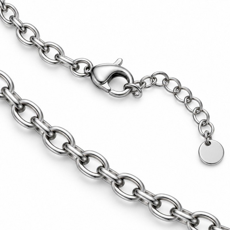 womens silver Stainless Steel cable chain necklace, reverse links and clasp structure on white