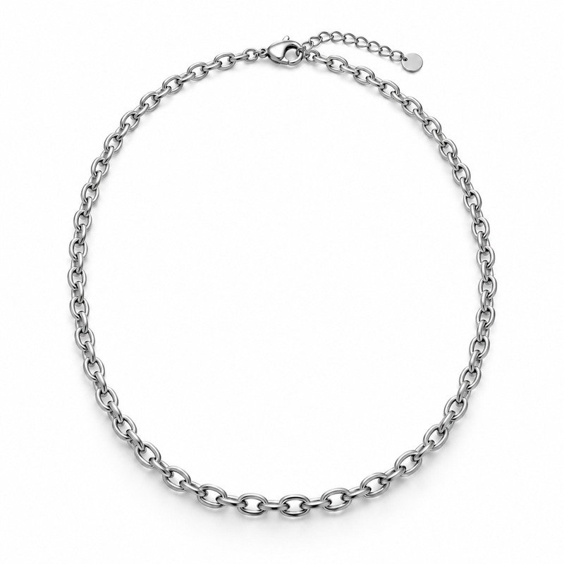 womens silver Stainless Steel cable chain necklace, front view on white