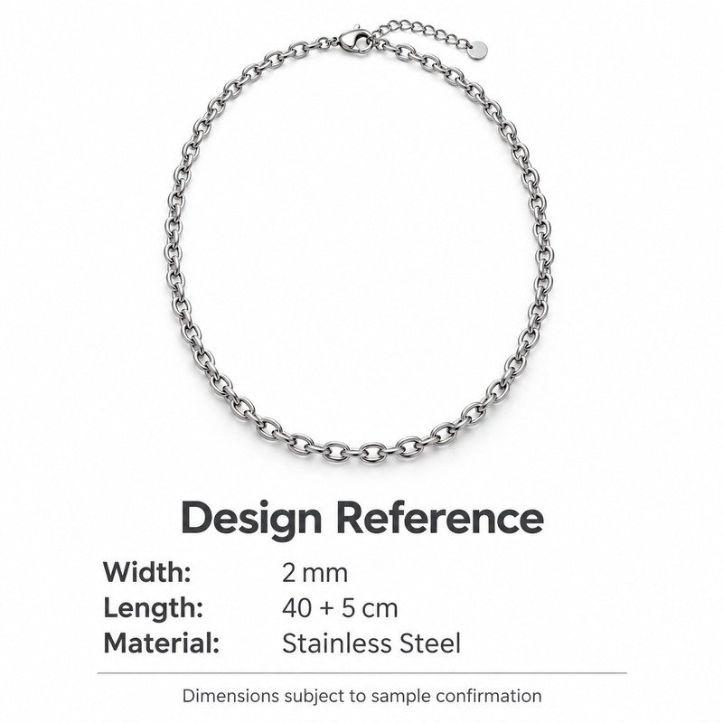 womens silver Stainless Steel cable chain necklace, design reference dimensions and material specifications