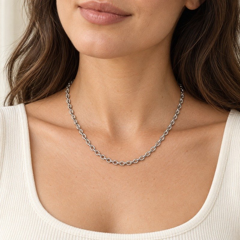 womens silver Stainless Steel cable chain necklace, worn by an adult model