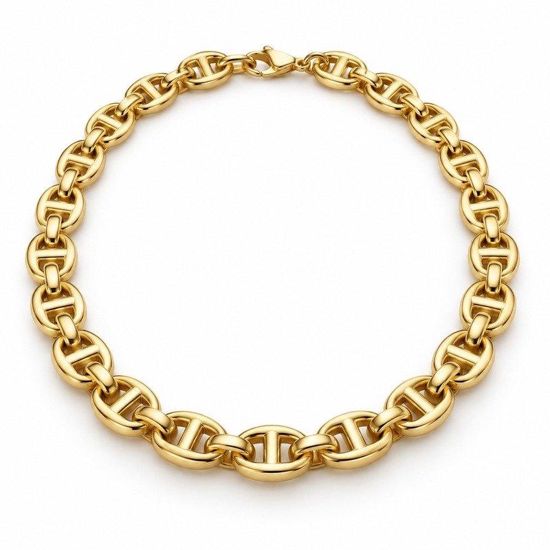 mens gold Stainless Steel mariner chain necklace, at a 45-degree angle on white