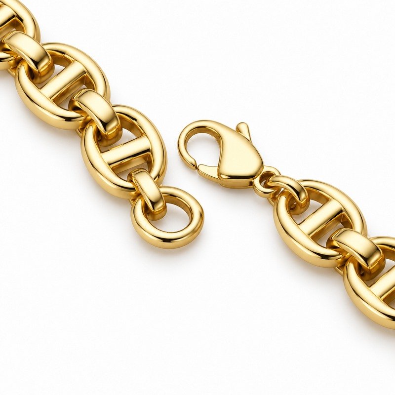 mens gold Stainless Steel mariner chain necklace, reverse links and clasp structure on white