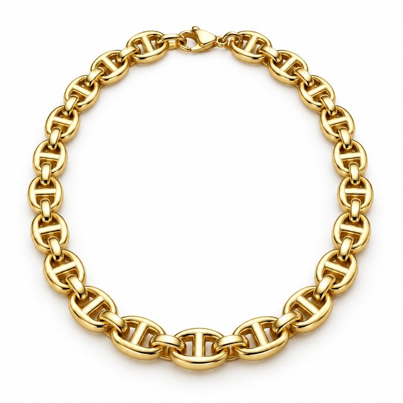 mens gold Stainless Steel mariner chain necklace, front view on white