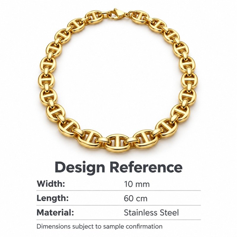 mens gold Stainless Steel mariner chain necklace, design reference dimensions and material specifications