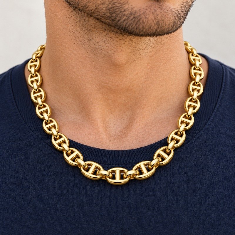 mens gold Stainless Steel mariner chain necklace, worn by an adult model
