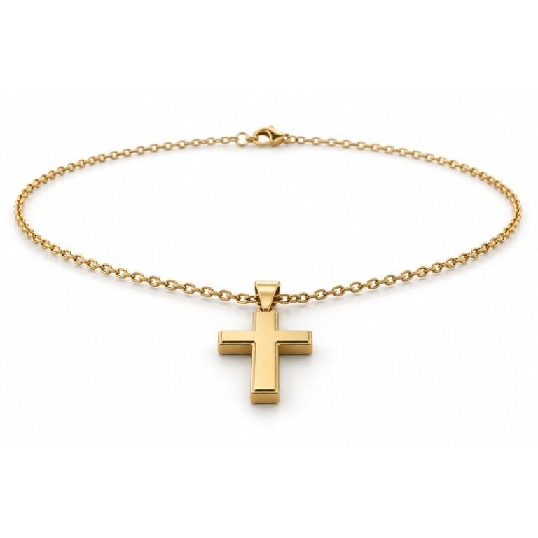 mens gold Stainless Steel beveled cross pendant necklace, at a 45-degree angle on white
