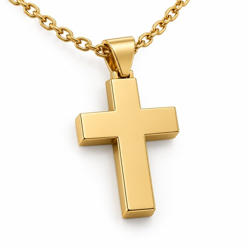 mens gold Stainless Steel beveled cross pendant necklace, reverse side and connection structure on white