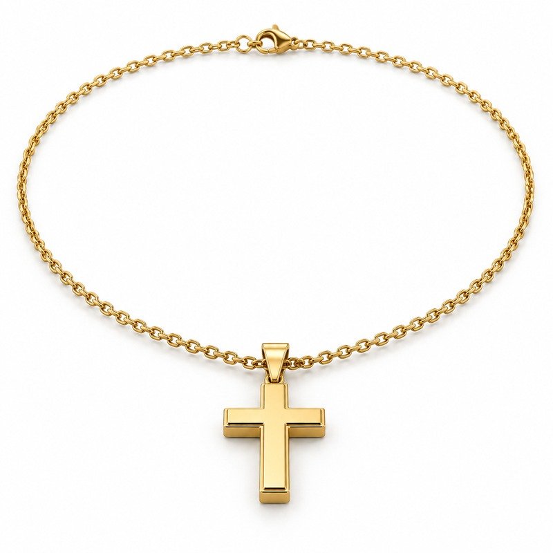 mens gold Stainless Steel beveled cross pendant necklace, front view on white