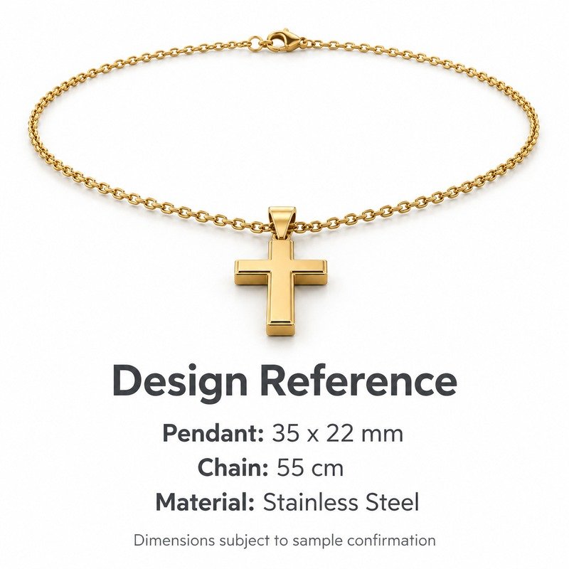 mens gold Stainless Steel beveled cross pendant necklace, design reference dimensions and material specifications