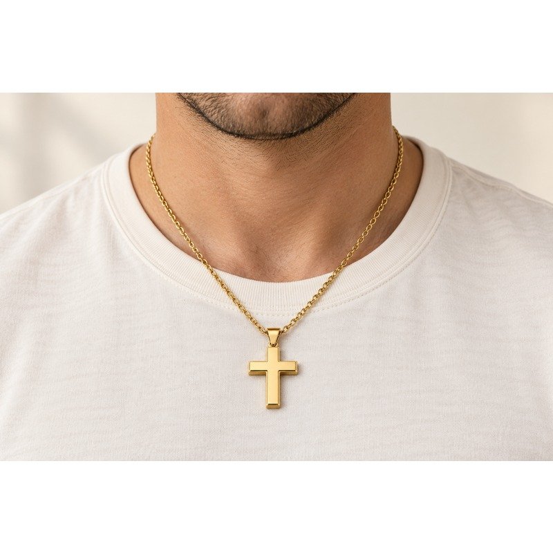 mens gold Stainless Steel beveled cross pendant necklace, worn by an adult model