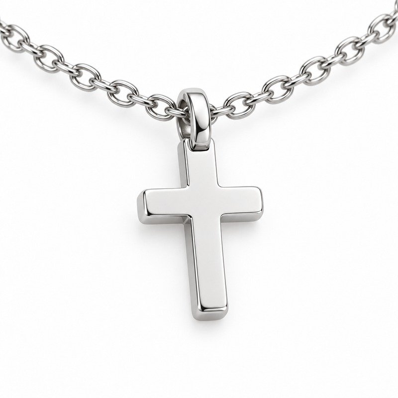 womens silver Stainless Steel petite cross pendant necklace, reverse side and connection structure on white