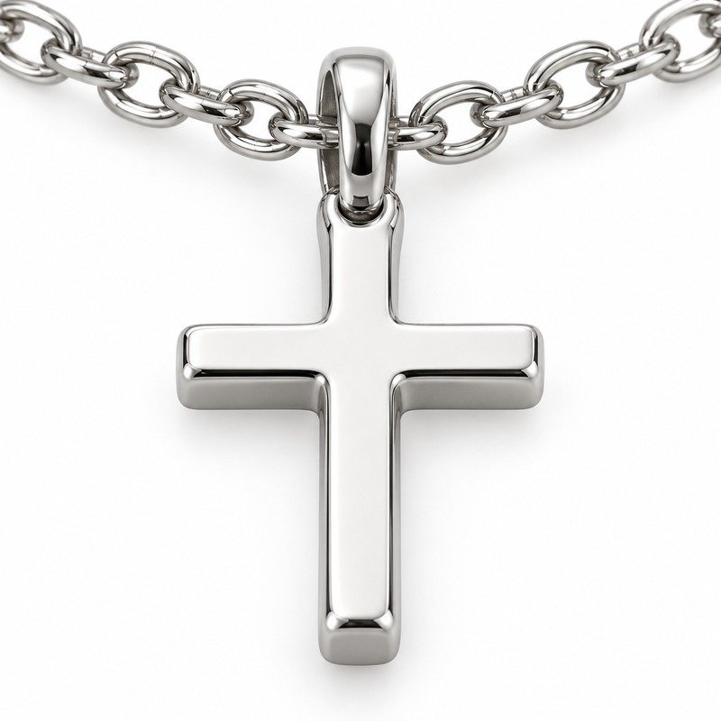 womens silver Stainless Steel petite cross pendant necklace, material and craftsmanship close-up