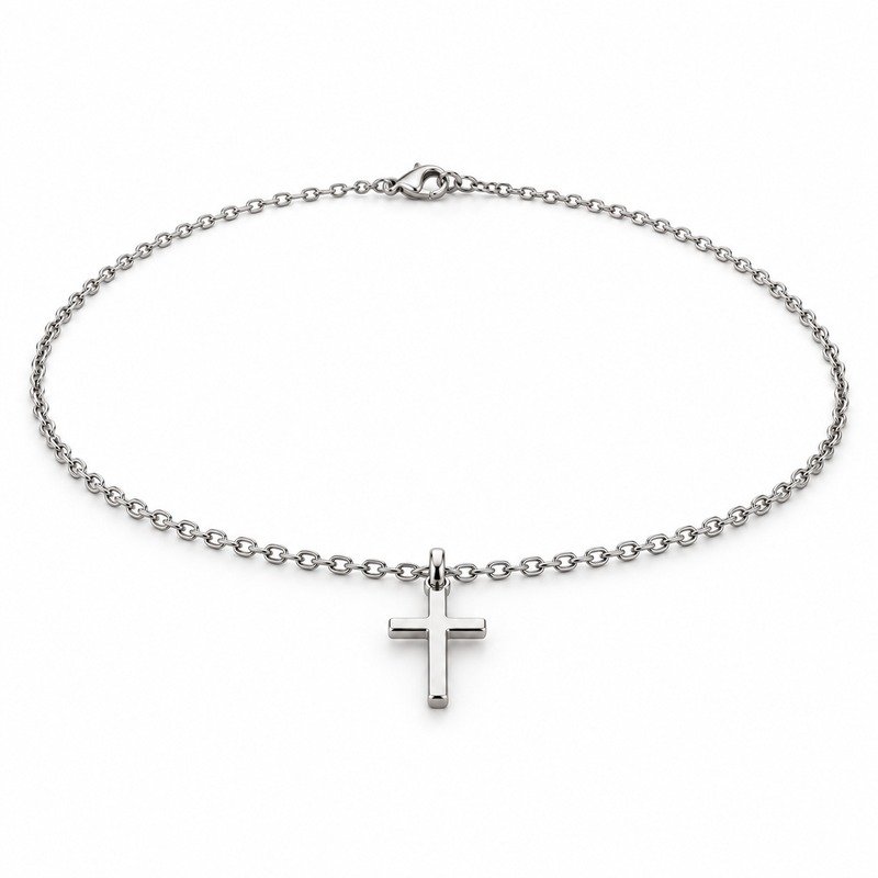 womens silver Stainless Steel petite cross pendant necklace, front view on white