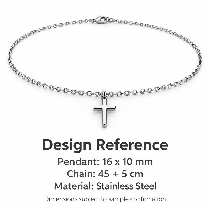 womens silver Stainless Steel petite cross pendant necklace, design reference dimensions and material specifications
