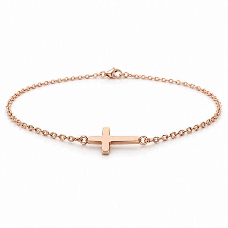 womens rose gold Stainless Steel sideways cross pendant necklace, at a 45-degree angle on white