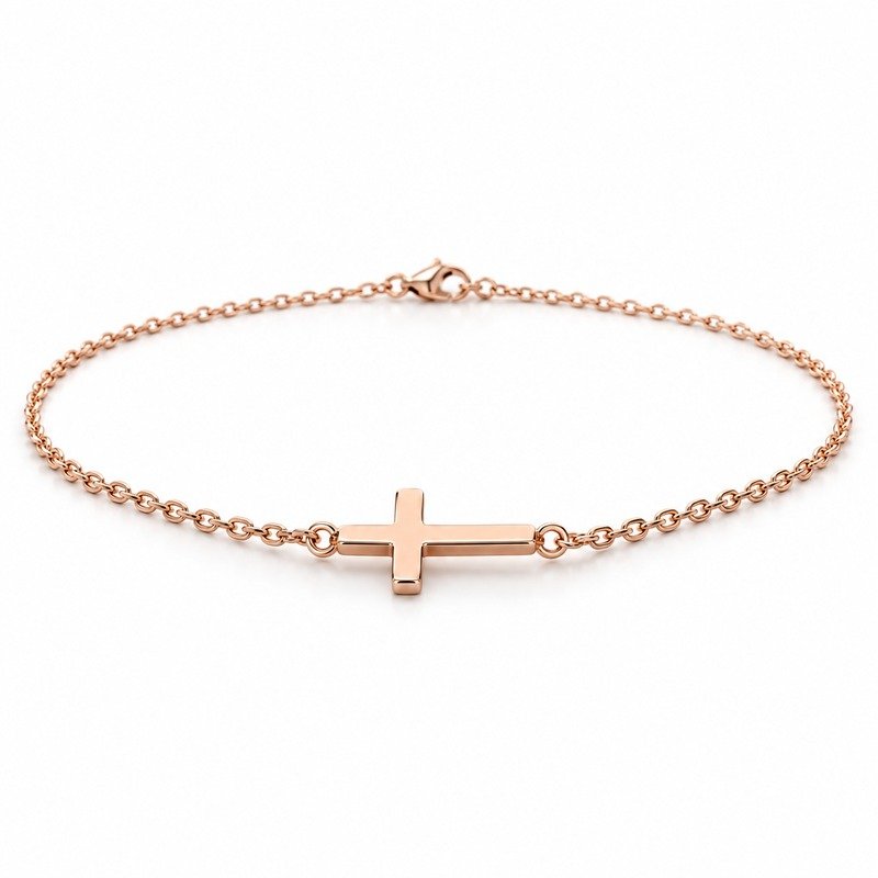womens rose gold Stainless Steel sideways cross pendant necklace, at a 45-degree angle on white