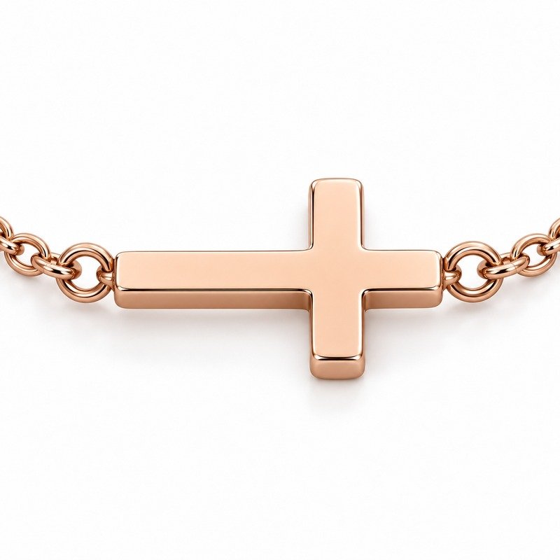 womens rose gold Stainless Steel sideways cross pendant necklace, reverse side and connection structure on white