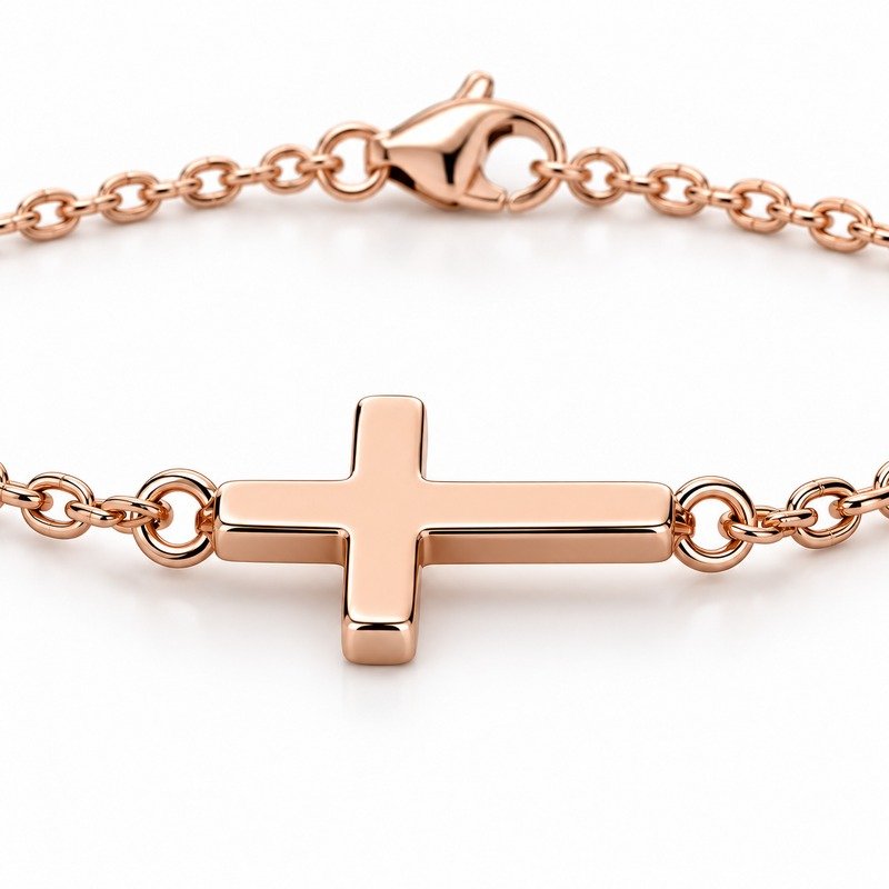 womens rose gold Stainless Steel sideways cross pendant necklace, material and craftsmanship close-up
