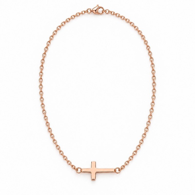 womens rose gold Stainless Steel sideways cross pendant necklace, front view on white